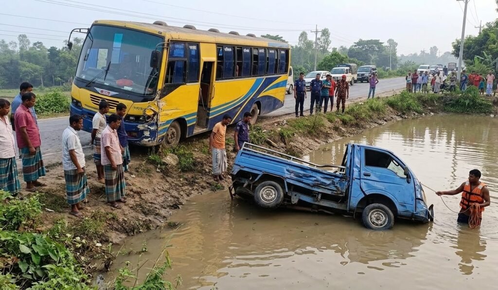 নিয়ন্ত্রণ হারিয়ে পুকুরে পিকআপ : প্রাণ গেল ৪আরোহীর
