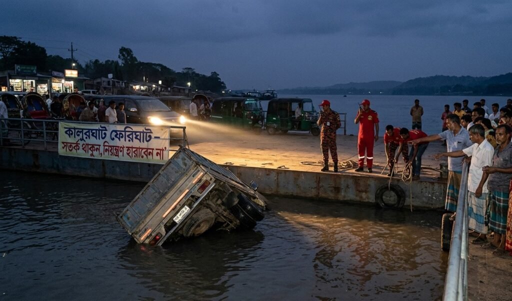 এবার কালুরঘাটে ফেরির অপেক্ষায় থাকা ট্রাক নিয়ন্ত্রণ হারিয়ে নদীতে